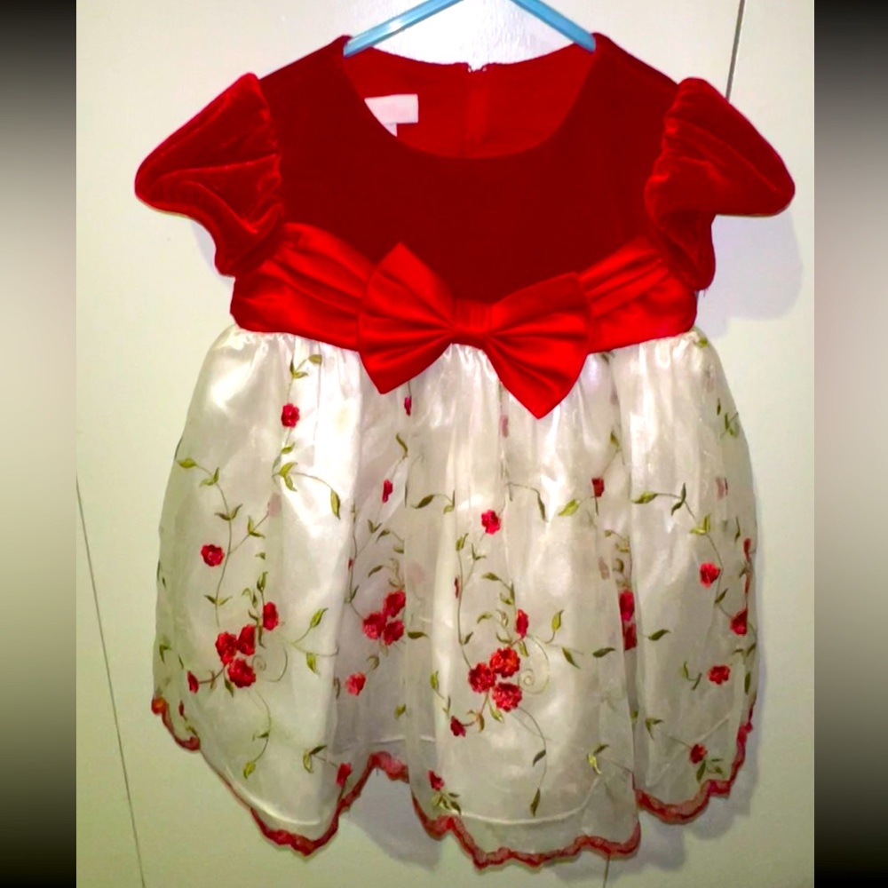 Bonnie Baby Red Velvet Embroidered Flower Dress 12M